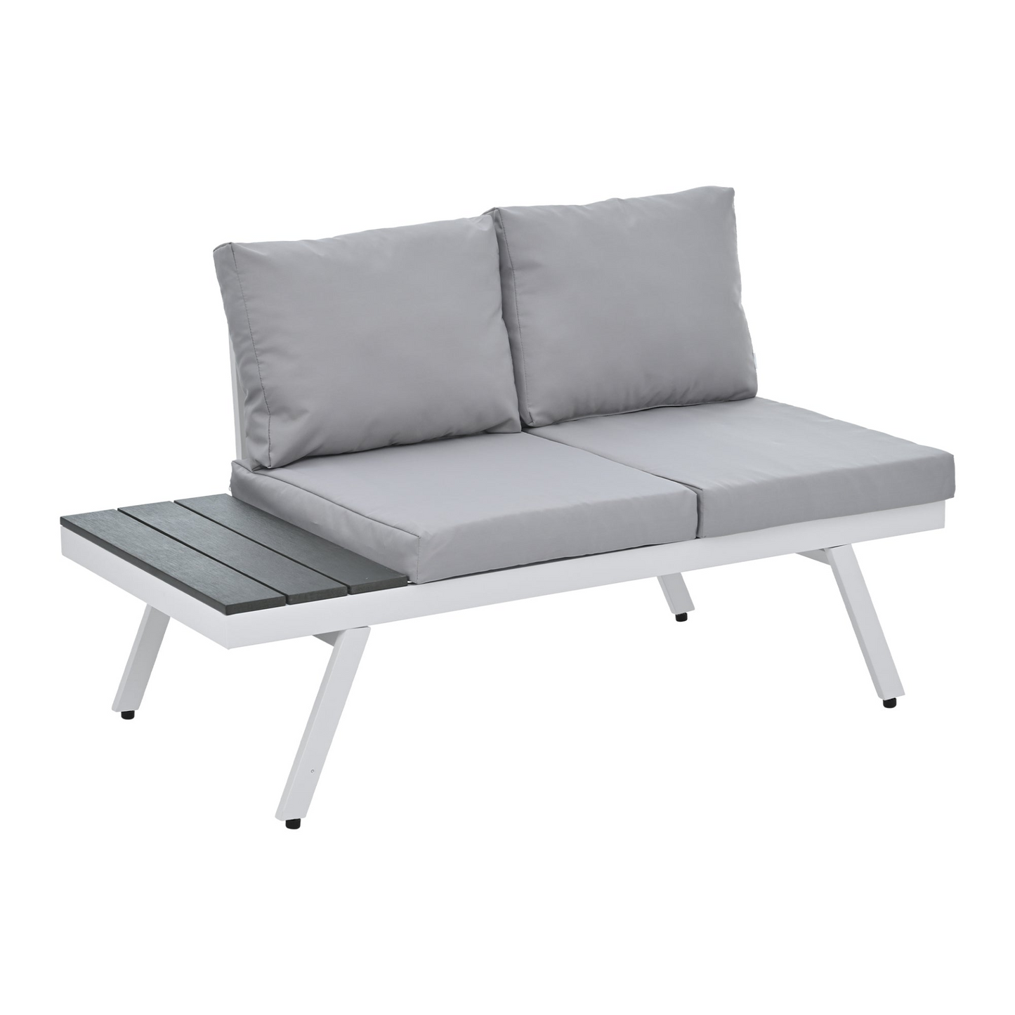 Patio Furntiure Sets | Industrial 5-Piece Aluminum Outdoor Patio Furniture Set, Modern Garden Sectional Sofa Set with End Tables, Coffee Table and Furniture Clips for Backyard, White+Grey | casafoyer.myshopify.com