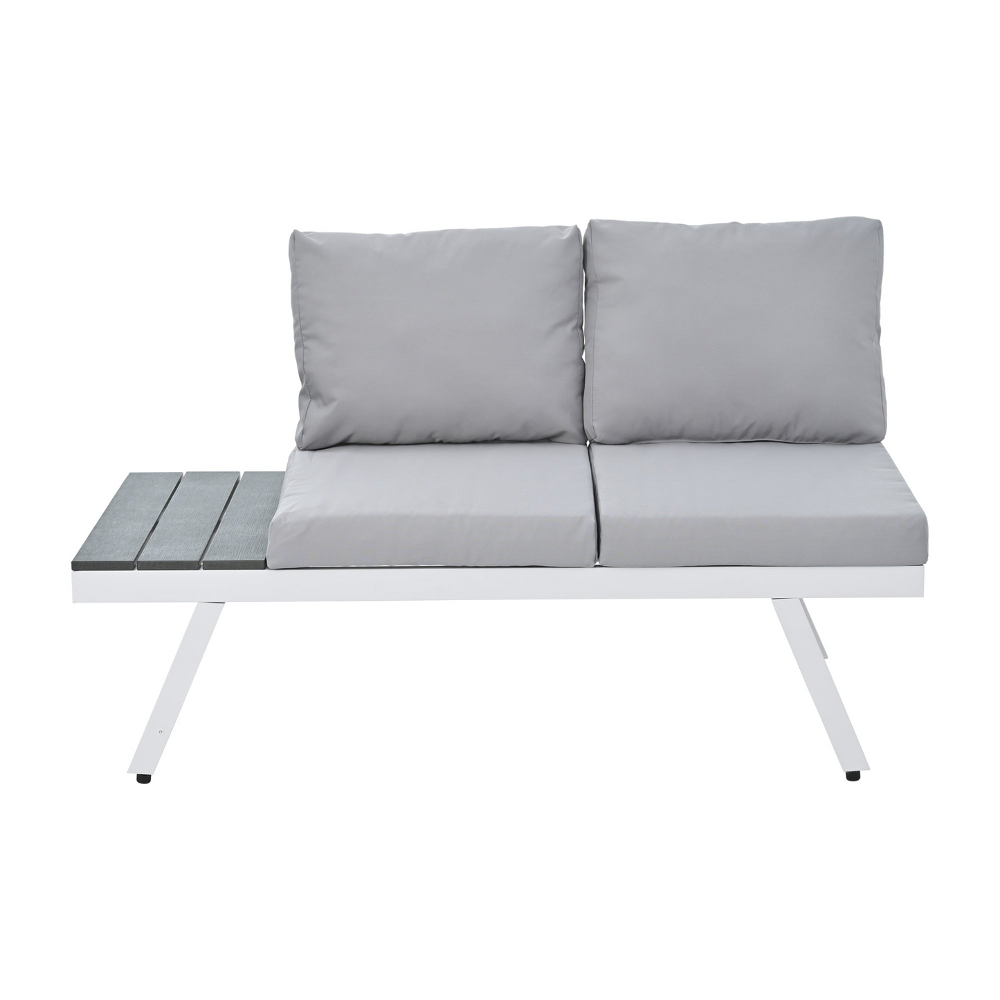 Patio Furntiure Sets | Industrial 5-Piece Aluminum Outdoor Patio Furniture Set, Modern Garden Sectional Sofa Set with End Tables, Coffee Table and Furniture Clips for Backyard, White+Grey | casafoyer.myshopify.com