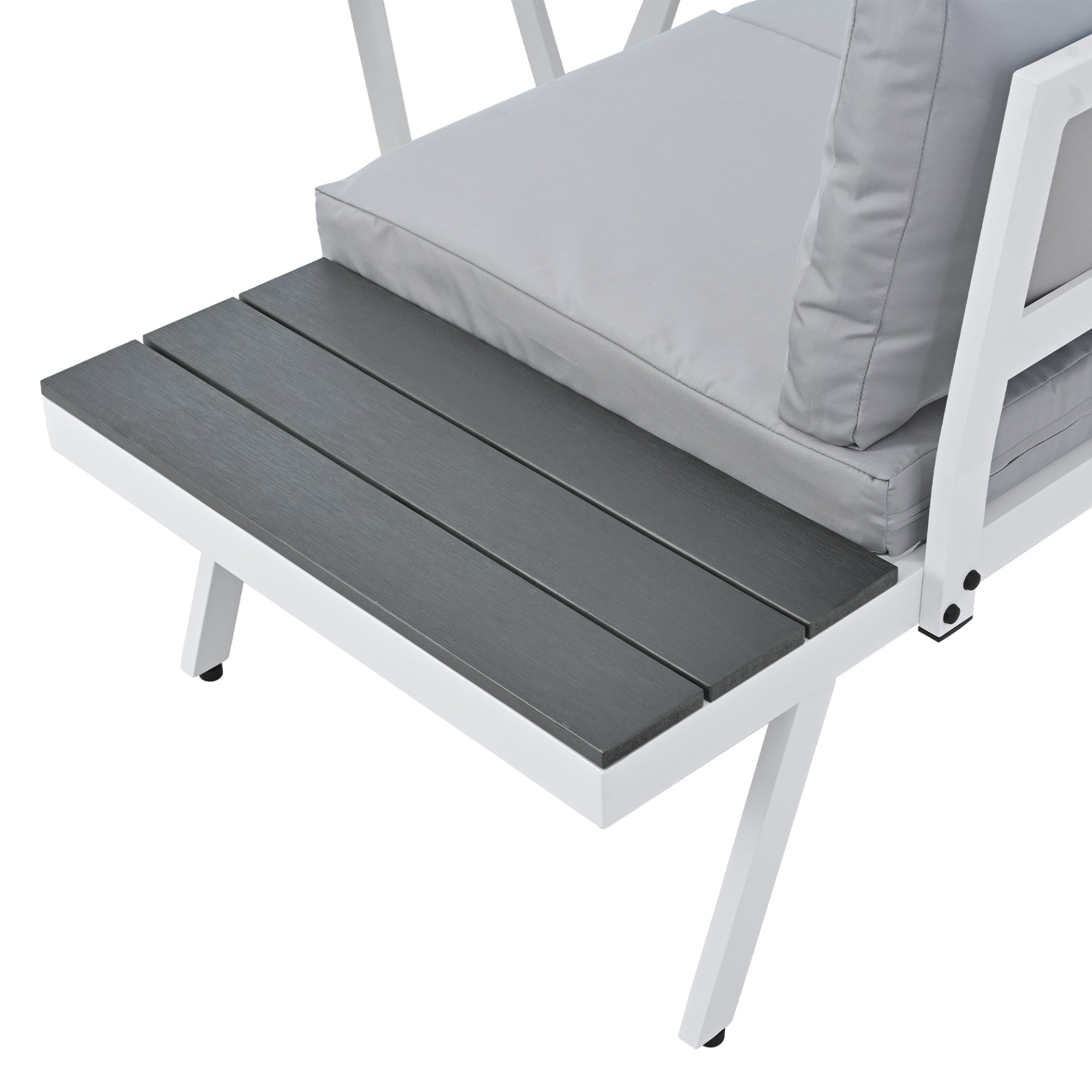 Patio Furntiure Sets | Industrial 5-Piece Aluminum Outdoor Patio Furniture Set, Modern Garden Sectional Sofa Set with End Tables, Coffee Table and Furniture Clips for Backyard, White+Grey | casafoyer.myshopify.com