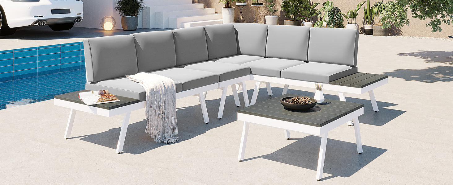 Patio Furntiure Sets | Industrial 5-Piece Aluminum Outdoor Patio Furniture Set, Modern Garden Sectional Sofa Set with End Tables, Coffee Table and Furniture Clips for Backyard, White+Grey | casafoyer.myshopify.com