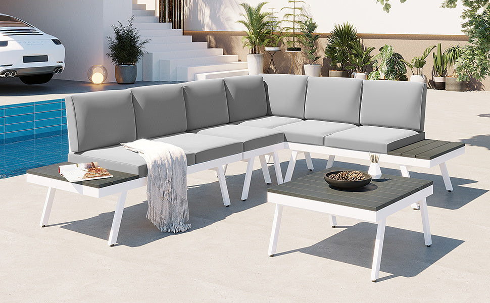 Patio Furntiure Sets | Industrial 5-Piece Aluminum Outdoor Patio Furniture Set, Modern Garden Sectional Sofa Set with End Tables, Coffee Table and Furniture Clips for Backyard, White+Grey | casafoyer.myshopify.com