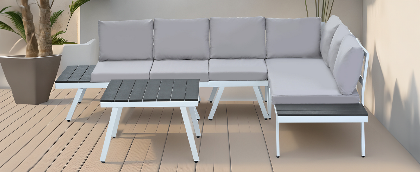 Patio Furntiure Sets | Industrial 5-Piece Aluminum Outdoor Patio Furniture Set, Modern Garden Sectional Sofa Set with End Tables, Coffee Table and Furniture Clips for Backyard, White+Grey | casafoyer.myshopify.com