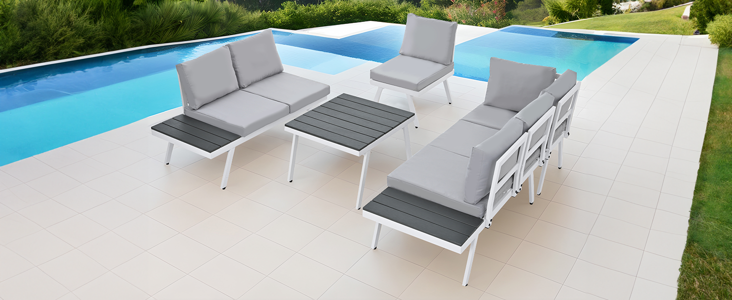 Patio Furntiure Sets | Industrial 5-Piece Aluminum Outdoor Patio Furniture Set, Modern Garden Sectional Sofa Set with End Tables, Coffee Table and Furniture Clips for Backyard, White+Grey | casafoyer.myshopify.com