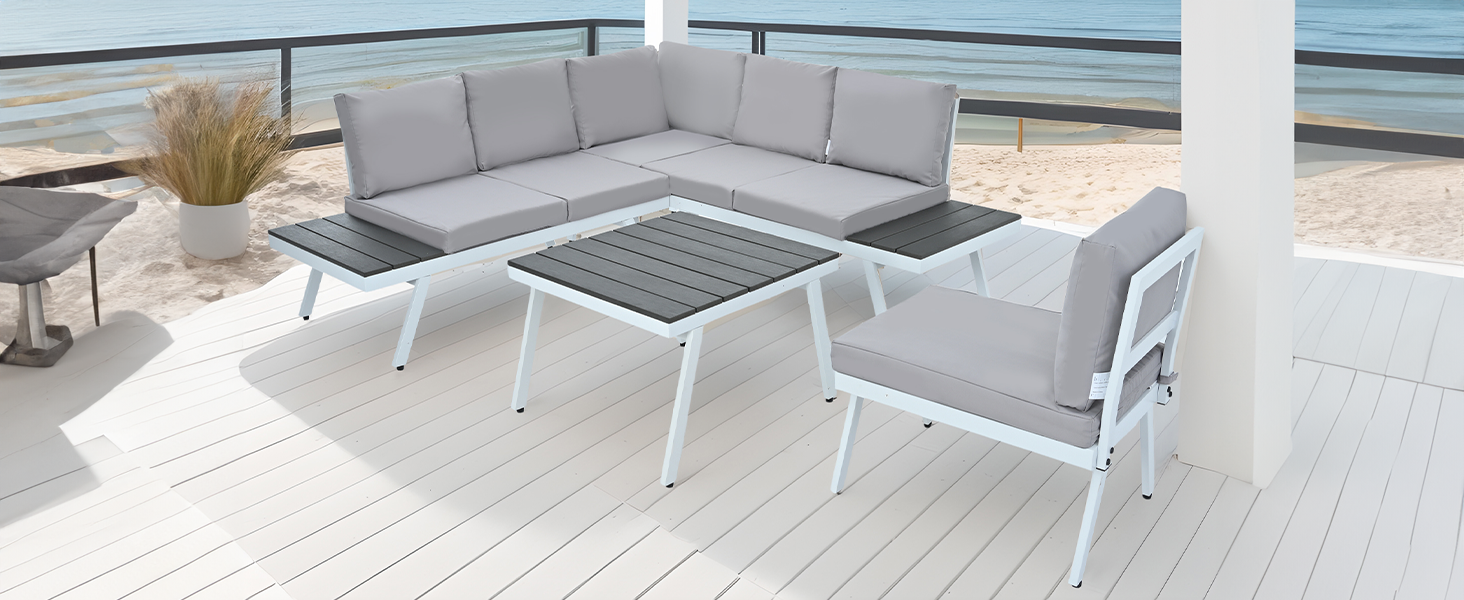 Patio Furntiure Sets | Industrial 5-Piece Aluminum Outdoor Patio Furniture Set, Modern Garden Sectional Sofa Set with End Tables, Coffee Table and Furniture Clips for Backyard, White+Grey | casafoyer.myshopify.com