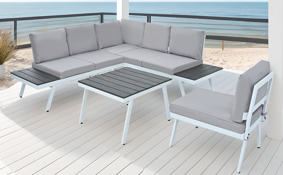 Patio Furntiure Sets | Industrial 5-Piece Aluminum Outdoor Patio Furniture Set, Modern Garden Sectional Sofa Set with End Tables, Coffee Table and Furniture Clips for Backyard, White+Grey | casafoyer.myshopify.com