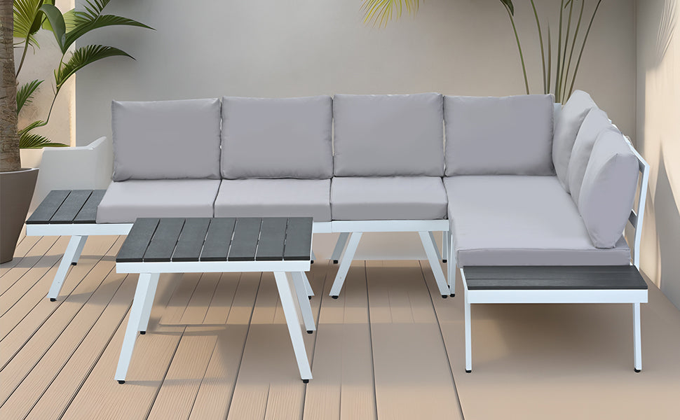 Patio Furntiure Sets | Industrial 5-Piece Aluminum Outdoor Patio Furniture Set, Modern Garden Sectional Sofa Set with End Tables, Coffee Table and Furniture Clips for Backyard, White+Grey | casafoyer.myshopify.com