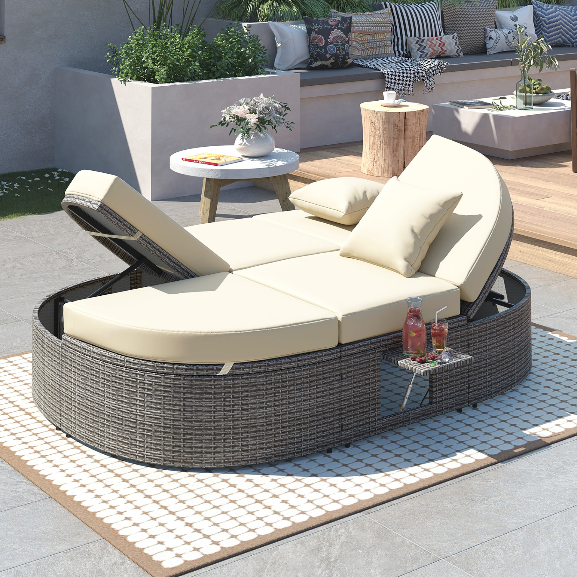 Patio Furntiure Sets | Outdoor Sun Bed Patio 2-Person Daybed with Cushions and Pillows, Rattan Garden Reclining Chaise Lounge with Adjustable Backrests and Foldable Cup Trays for Lawn, Poolside, Beige | casafoyer.myshopify.com