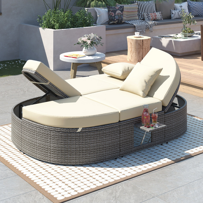Patio Furntiure Sets | Outdoor Sun Bed Patio 2-Person Daybed with Cushions and Pillows, Rattan Garden Reclining Chaise Lounge with Adjustable Backrests and Foldable Cup Trays for Lawn, Poolside, Beige | casafoyer.myshopify.com