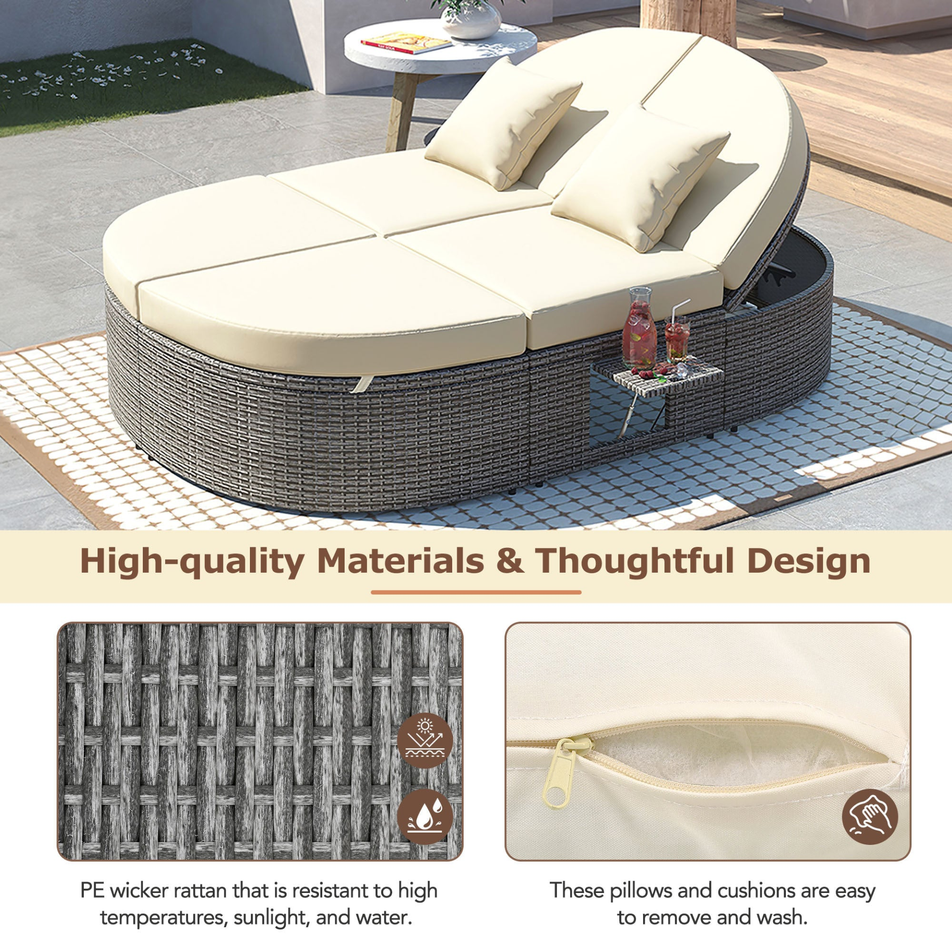 Patio Furntiure Sets | Outdoor Sun Bed Patio 2-Person Daybed with Cushions and Pillows, Rattan Garden Reclining Chaise Lounge with Adjustable Backrests and Foldable Cup Trays for Lawn, Poolside, Beige | casafoyer.myshopify.com