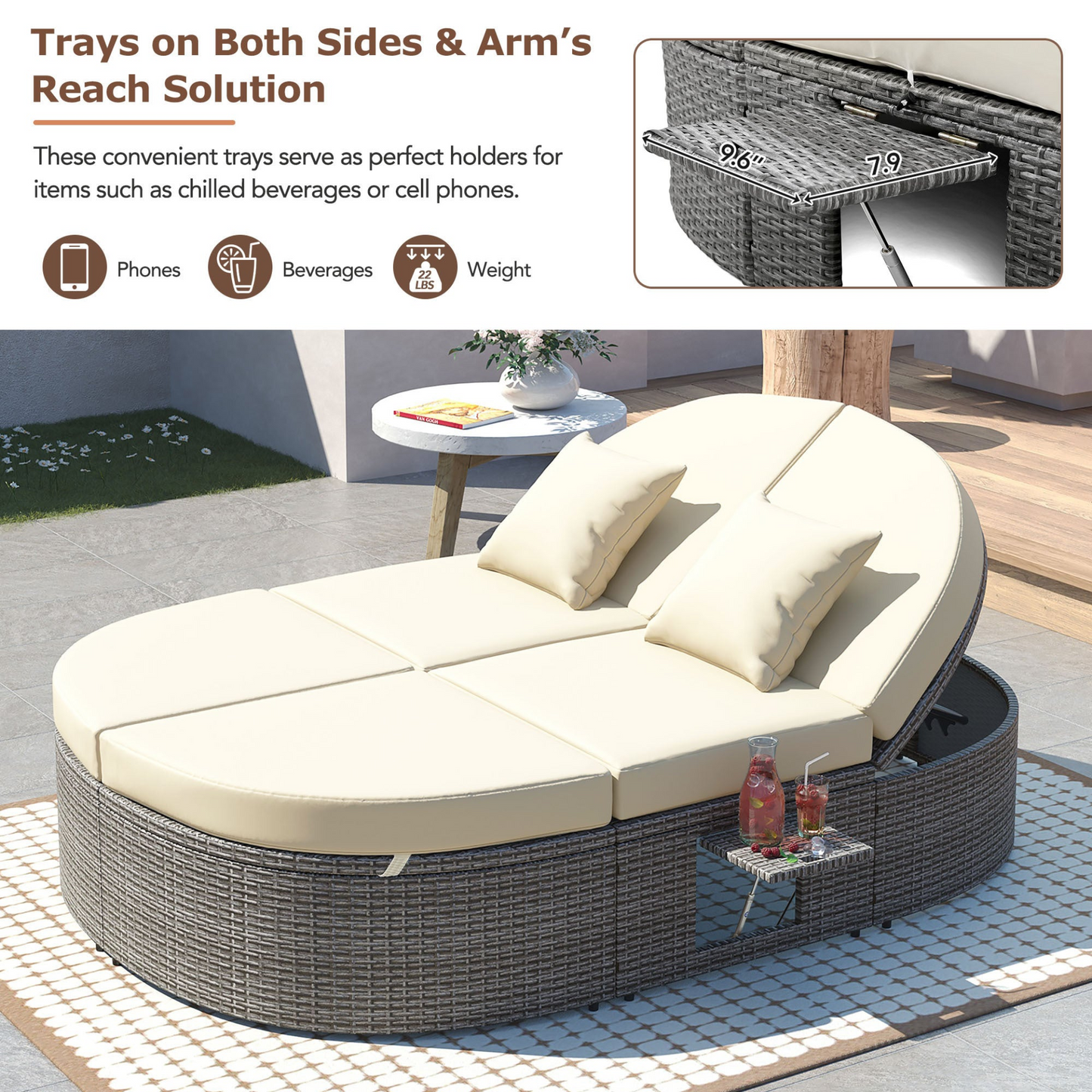 Patio Furntiure Sets | Outdoor Sun Bed Patio 2-Person Daybed with Cushions and Pillows, Rattan Garden Reclining Chaise Lounge with Adjustable Backrests and Foldable Cup Trays for Lawn, Poolside, Beige | casafoyer.myshopify.com