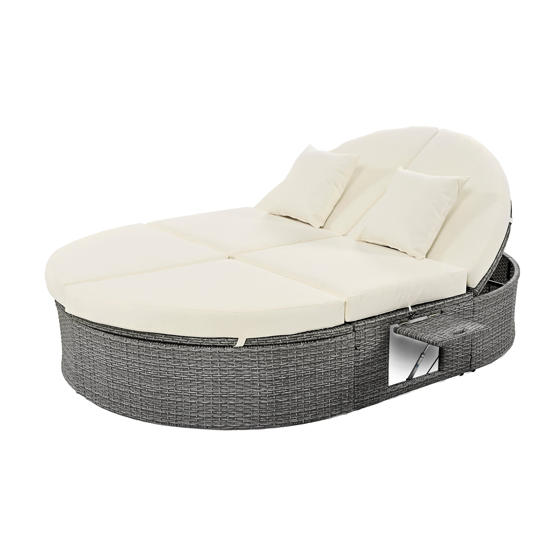 Patio Furntiure Sets | Outdoor Sun Bed Patio 2-Person Daybed with Cushions and Pillows, Rattan Garden Reclining Chaise Lounge with Adjustable Backrests and Foldable Cup Trays for Lawn, Poolside, Beige | casafoyer.myshopify.com