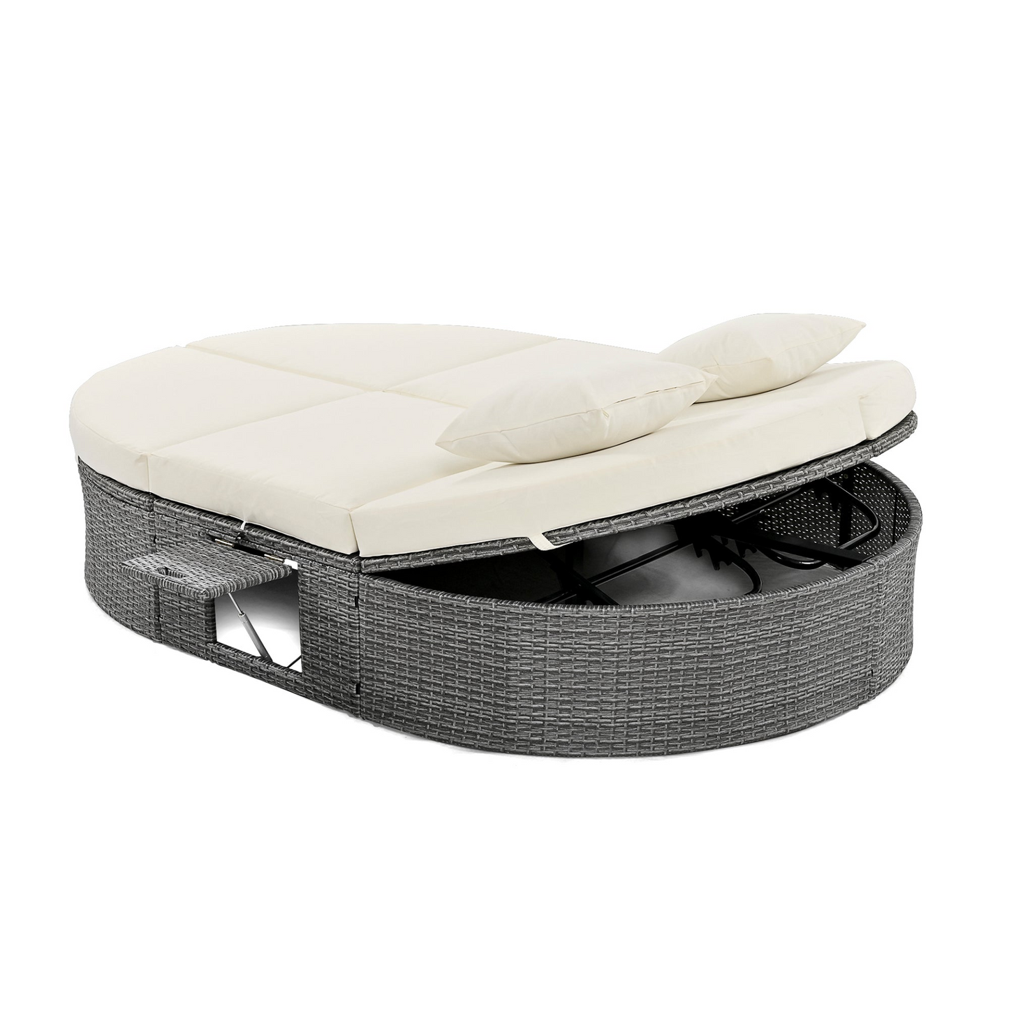 Patio Furntiure Sets | Outdoor Sun Bed Patio 2-Person Daybed with Cushions and Pillows, Rattan Garden Reclining Chaise Lounge with Adjustable Backrests and Foldable Cup Trays for Lawn, Poolside, Beige | casafoyer.myshopify.com