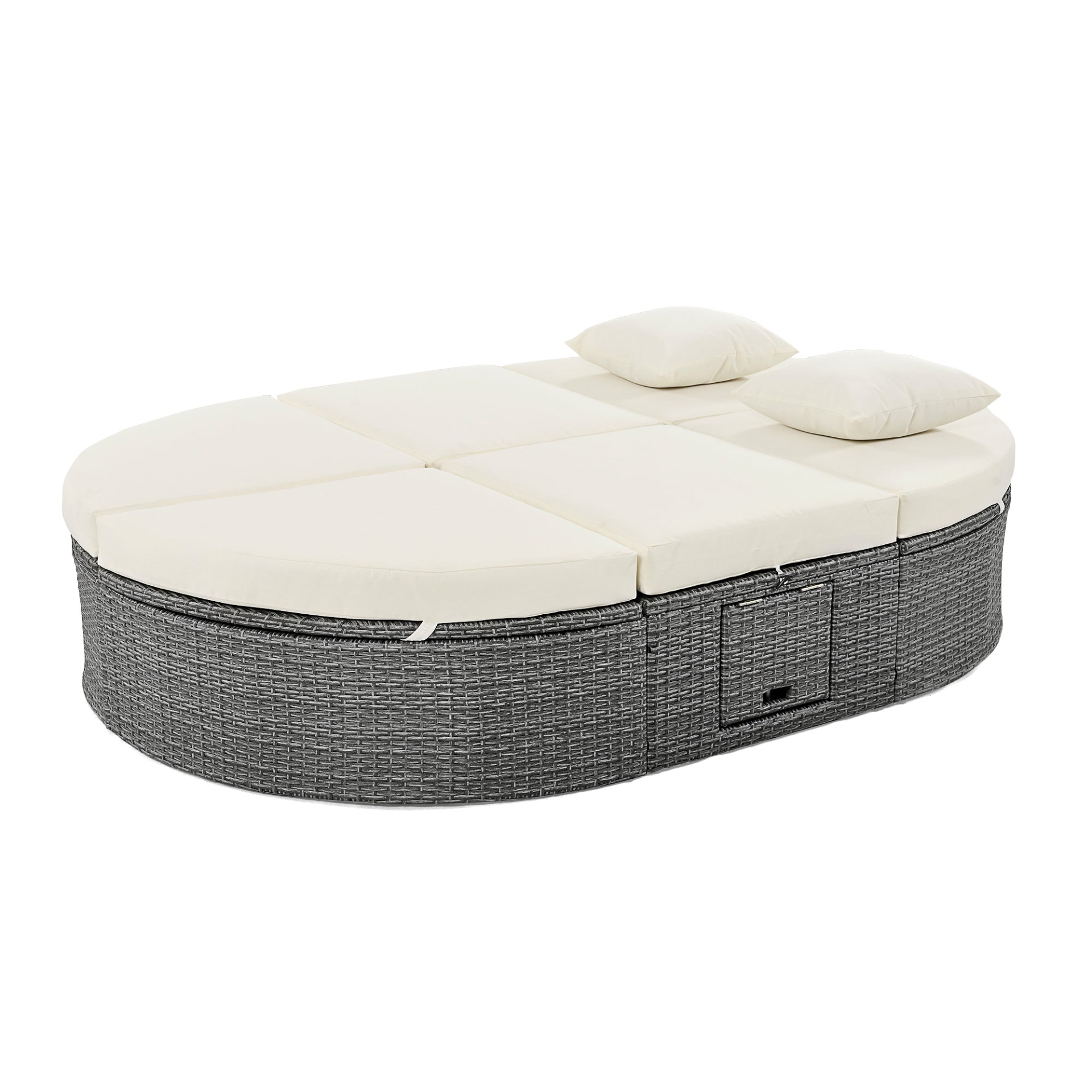 Patio Furntiure Sets | Outdoor Sun Bed Patio 2-Person Daybed with Cushions and Pillows, Rattan Garden Reclining Chaise Lounge with Adjustable Backrests and Foldable Cup Trays for Lawn, Poolside, Beige | casafoyer.myshopify.com