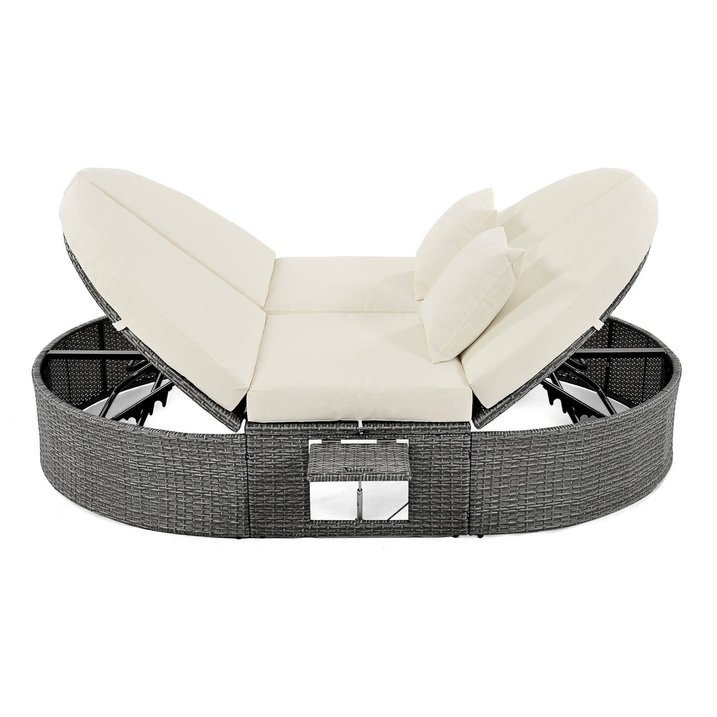 Patio Furntiure Sets | Outdoor Sun Bed Patio 2-Person Daybed with Cushions and Pillows, Rattan Garden Reclining Chaise Lounge with Adjustable Backrests and Foldable Cup Trays for Lawn, Poolside, Beige | casafoyer.myshopify.com