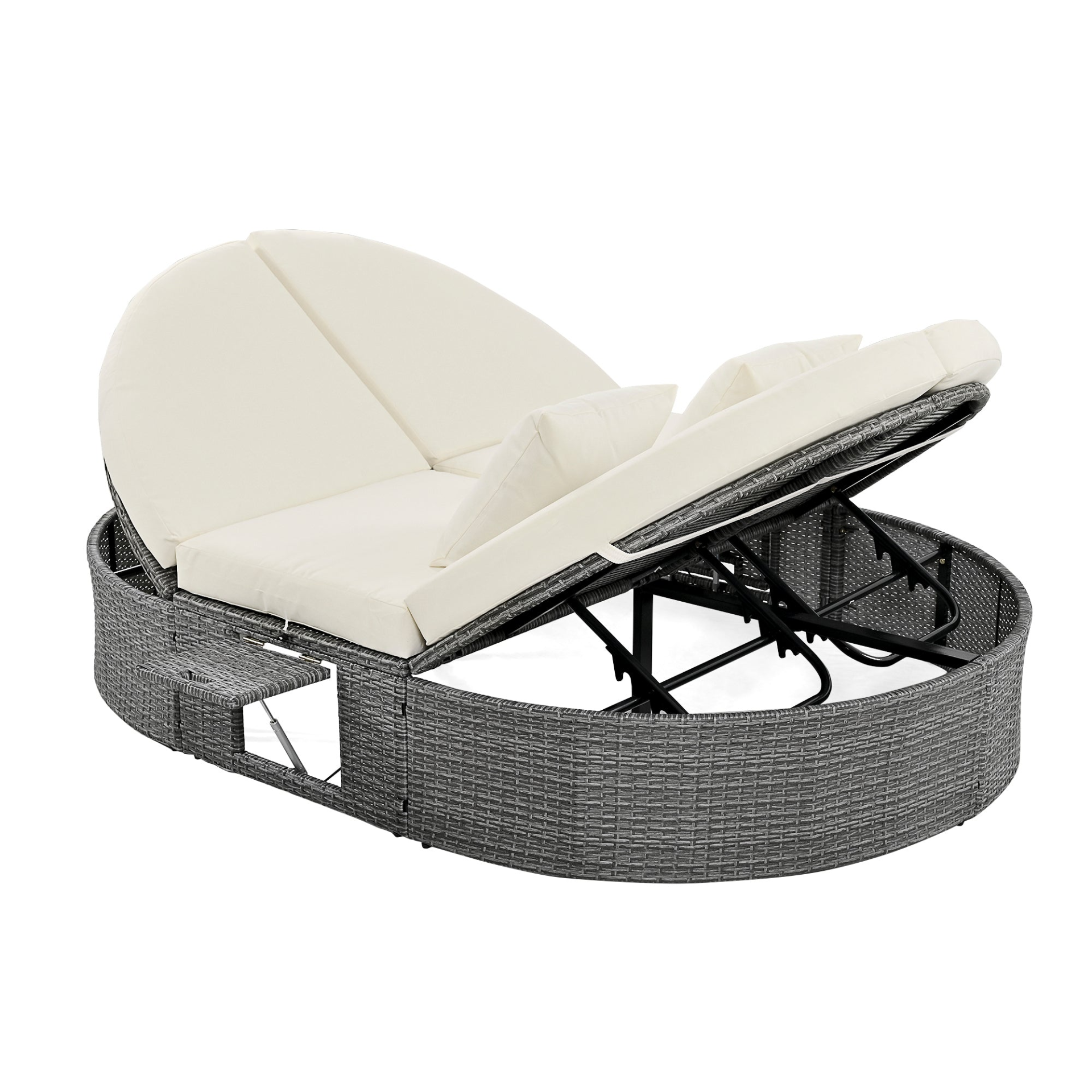 Patio Furntiure Sets | Outdoor Sun Bed Patio 2-Person Daybed with Cushions and Pillows, Rattan Garden Reclining Chaise Lounge with Adjustable Backrests and Foldable Cup Trays for Lawn, Poolside, Beige | casafoyer.myshopify.com