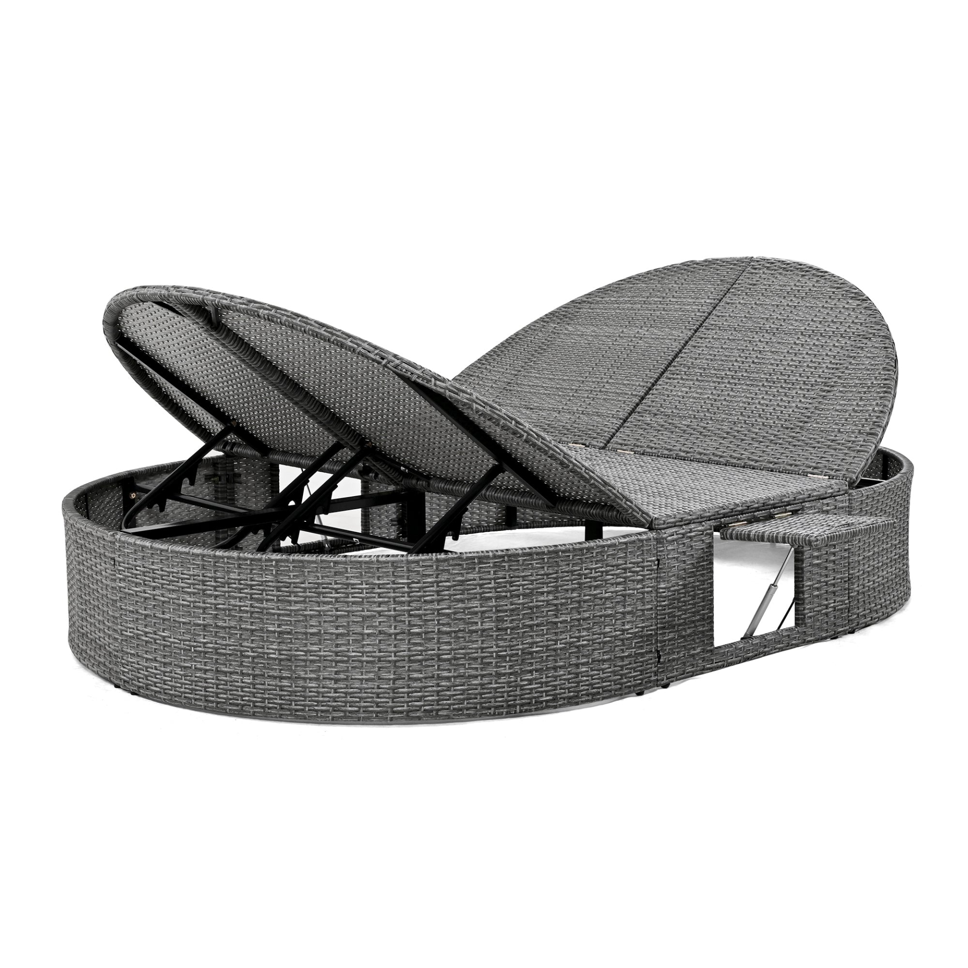 Patio Furntiure Sets | Outdoor Sun Bed Patio 2-Person Daybed with Cushions and Pillows, Rattan Garden Reclining Chaise Lounge with Adjustable Backrests and Foldable Cup Trays for Lawn, Poolside, Beige | casafoyer.myshopify.com