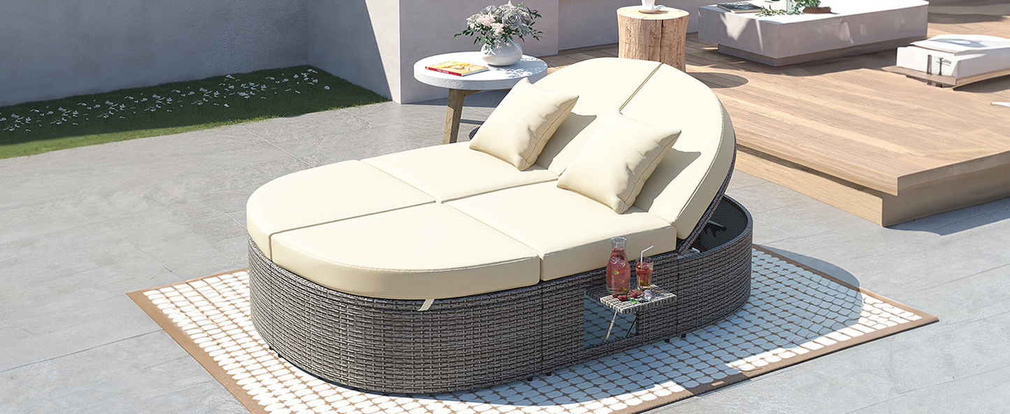 Patio Furntiure Sets | Outdoor Sun Bed Patio 2-Person Daybed with Cushions and Pillows, Rattan Garden Reclining Chaise Lounge with Adjustable Backrests and Foldable Cup Trays for Lawn, Poolside, Beige | casafoyer.myshopify.com