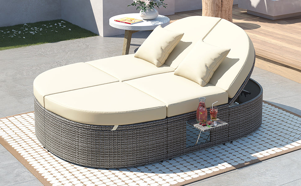 Patio Furntiure Sets | Outdoor Sun Bed Patio 2-Person Daybed with Cushions and Pillows, Rattan Garden Reclining Chaise Lounge with Adjustable Backrests and Foldable Cup Trays for Lawn, Poolside, Beige | casafoyer.myshopify.com