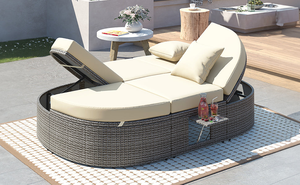 Patio Furntiure Sets | Outdoor Sun Bed Patio 2-Person Daybed with Cushions and Pillows, Rattan Garden Reclining Chaise Lounge with Adjustable Backrests and Foldable Cup Trays for Lawn, Poolside, Beige | casafoyer.myshopify.com