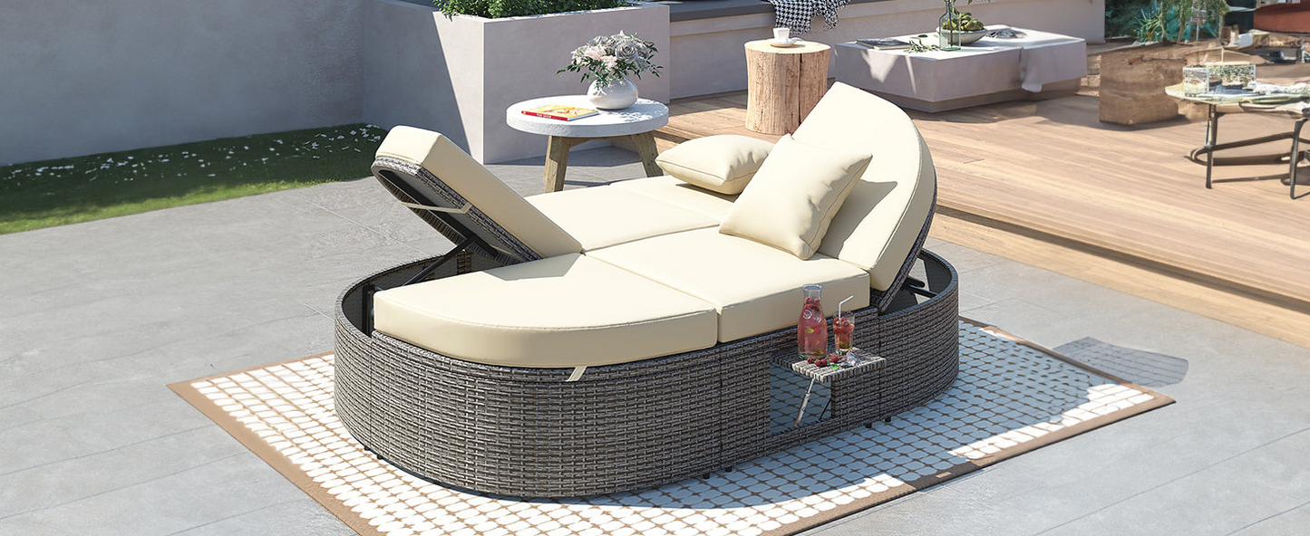 Patio Furntiure Sets | Outdoor Sun Bed Patio 2-Person Daybed with Cushions and Pillows, Rattan Garden Reclining Chaise Lounge with Adjustable Backrests and Foldable Cup Trays for Lawn, Poolside, Beige | casafoyer.myshopify.com