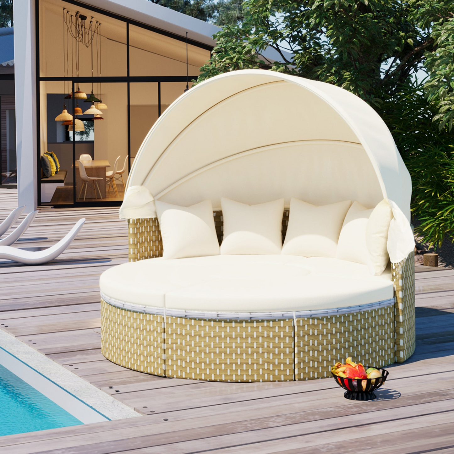 Patio Furntiure Sets | Patio Furniture Round Outdoor Sectional Sofa Set Rattan Daybed with Canopy, Beige | casafoyer.myshopify.com