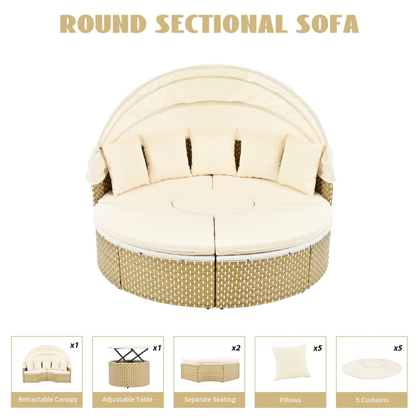 Patio Furntiure Sets | Patio Furniture Round Outdoor Sectional Sofa Set Rattan Daybed with Canopy, Beige | casafoyer.myshopify.com