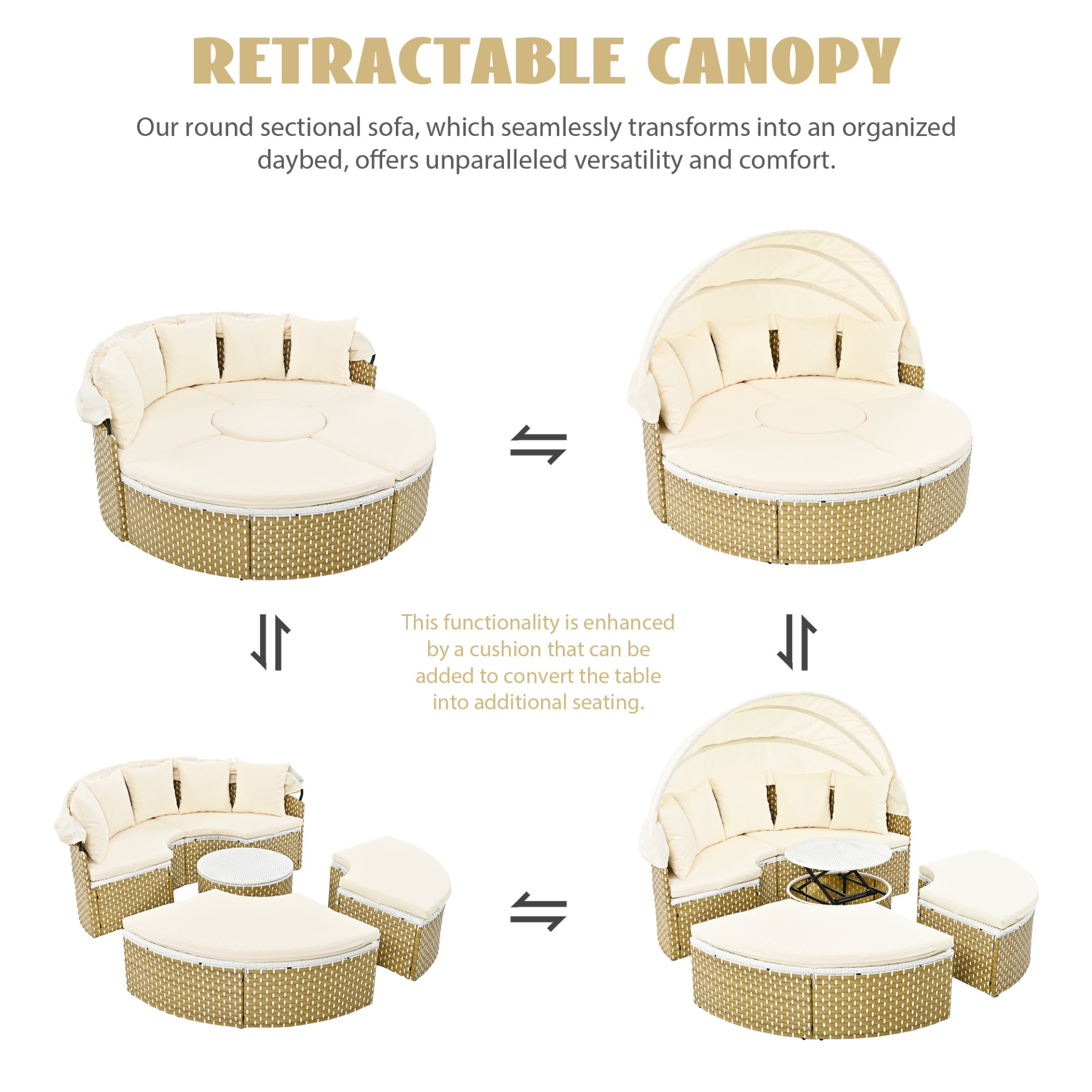 Patio Furntiure Sets | Patio Furniture Round Outdoor Sectional Sofa Set Rattan Daybed with Canopy, Beige | casafoyer.myshopify.com