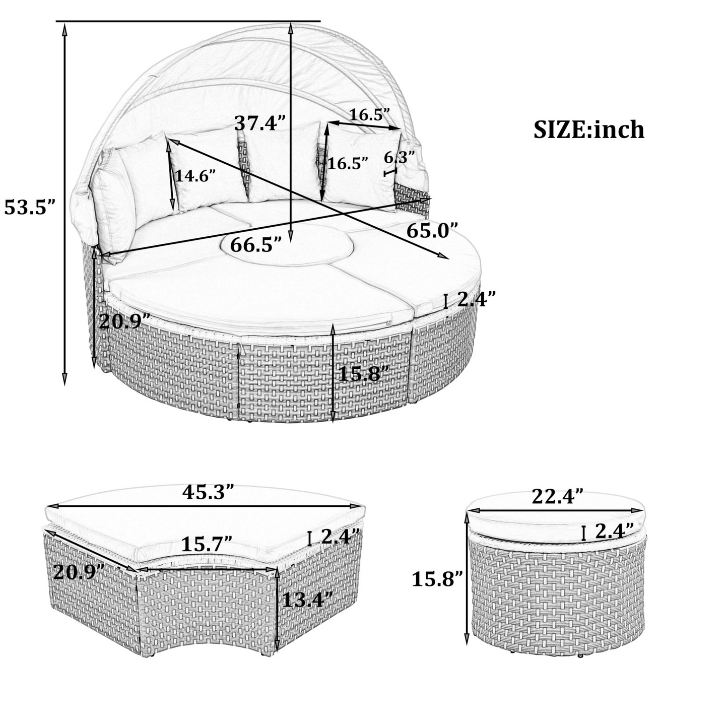 Patio Furntiure Sets | Patio Furniture Round Outdoor Sectional Sofa Set Rattan Daybed with Canopy, Beige | casafoyer.myshopify.com