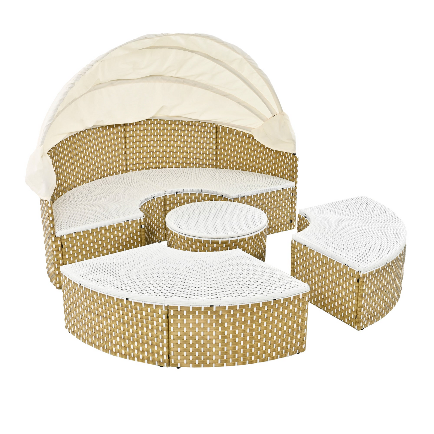 Patio Furntiure Sets | Patio Furniture Round Outdoor Sectional Sofa Set Rattan Daybed with Canopy, Beige | casafoyer.myshopify.com