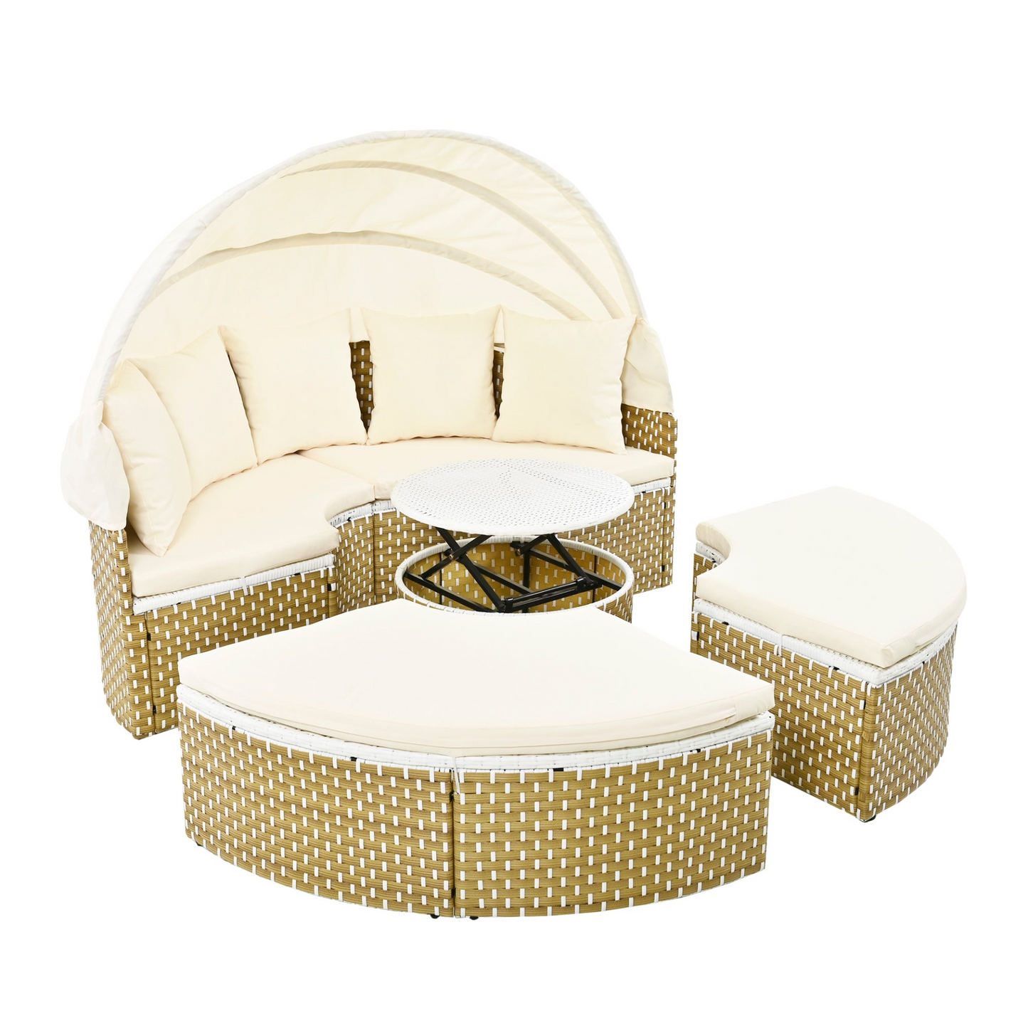 Patio Furntiure Sets | Patio Furniture Round Outdoor Sectional Sofa Set Rattan Daybed with Canopy, Beige | casafoyer.myshopify.com