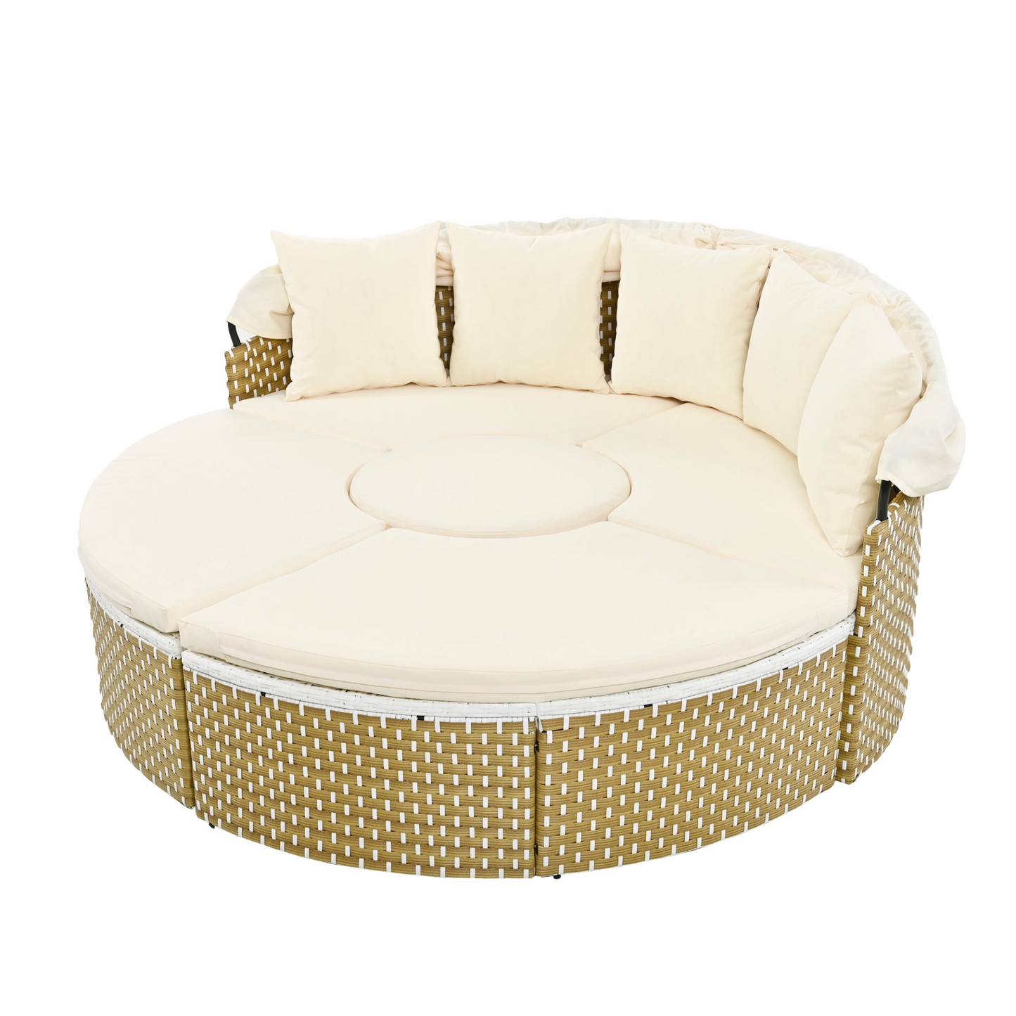 Patio Furntiure Sets | Patio Furniture Round Outdoor Sectional Sofa Set Rattan Daybed with Canopy, Beige | casafoyer.myshopify.com