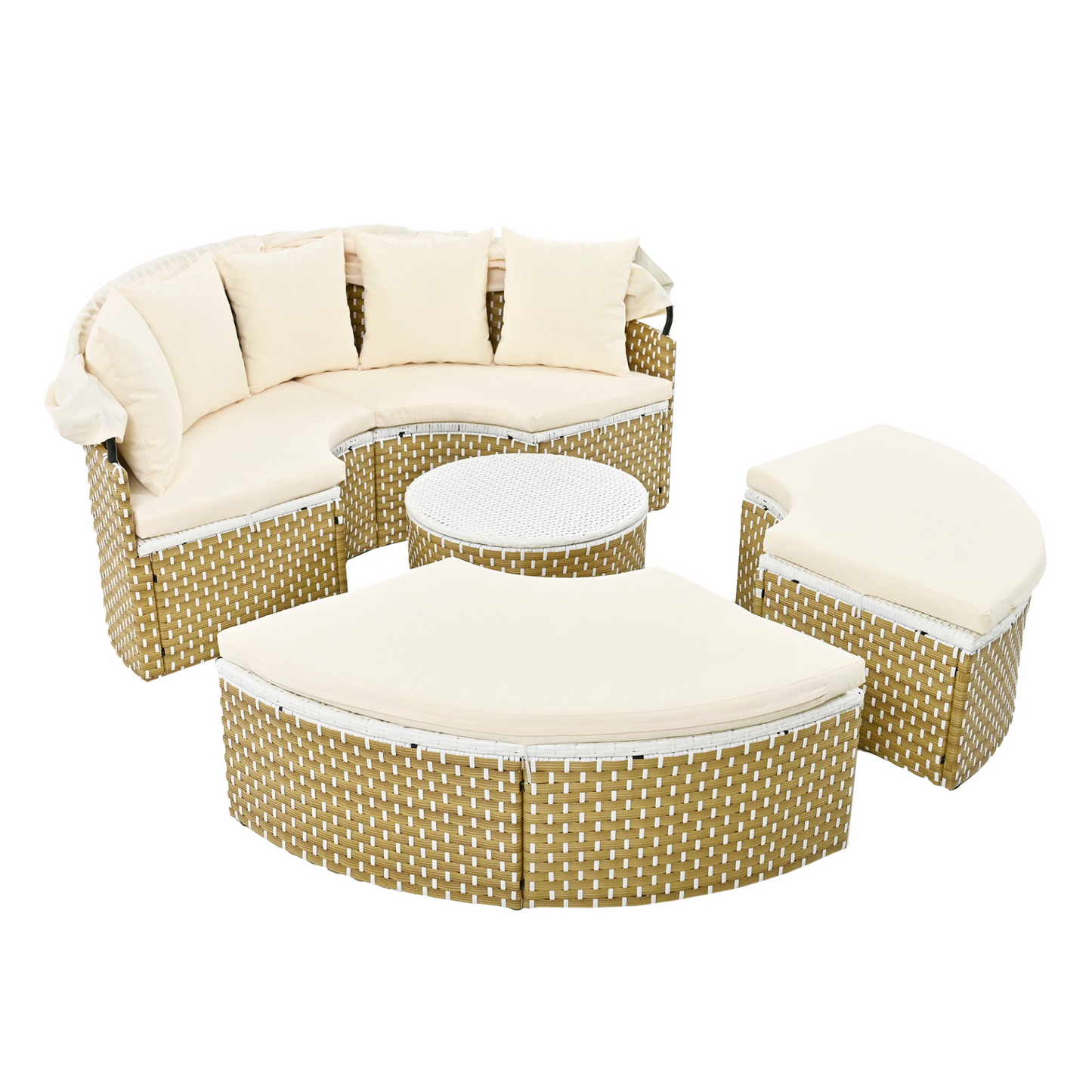 Patio Furntiure Sets | Patio Furniture Round Outdoor Sectional Sofa Set Rattan Daybed with Canopy, Beige | casafoyer.myshopify.com