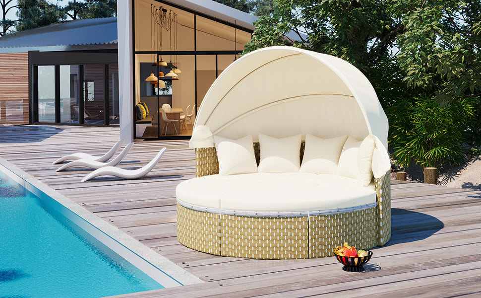 Patio Furntiure Sets | Patio Furniture Round Outdoor Sectional Sofa Set Rattan Daybed with Canopy, Beige | casafoyer.myshopify.com