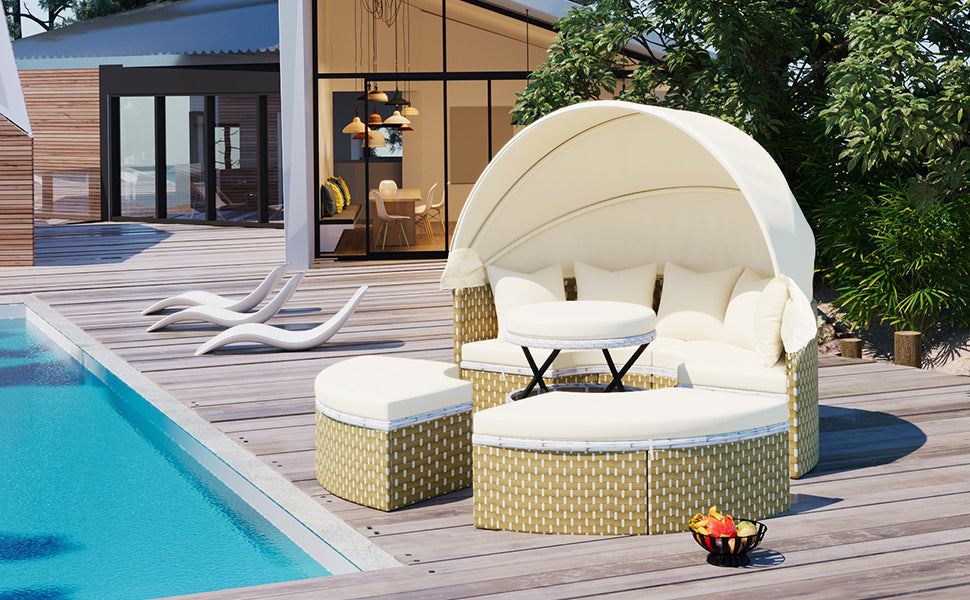 Patio Furntiure Sets | Patio Furniture Round Outdoor Sectional Sofa Set Rattan Daybed with Canopy, Beige | casafoyer.myshopify.com