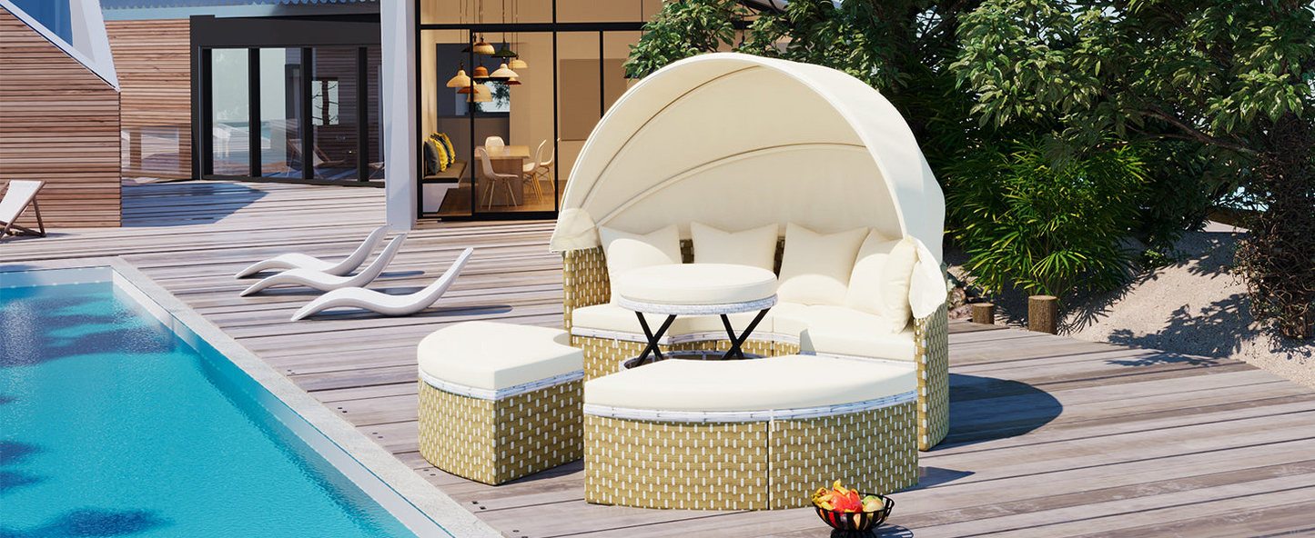 Patio Furntiure Sets | Patio Furniture Round Outdoor Sectional Sofa Set Rattan Daybed with Canopy, Beige | casafoyer.myshopify.com