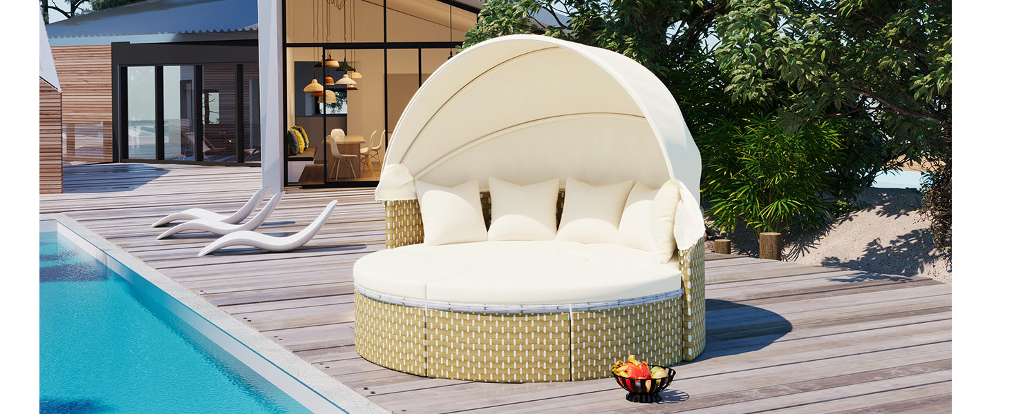 Patio Furntiure Sets | Patio Furniture Round Outdoor Sectional Sofa Set Rattan Daybed with Canopy, Beige | casafoyer.myshopify.com