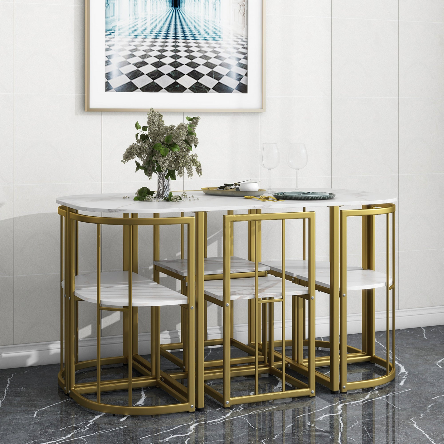 Dining Table | Modern 7-Piece Dining Table Set with Faux Marble Compact 55-Inch Kitchen Table Set for 6, Golden+White | casafoyer.myshopify.com