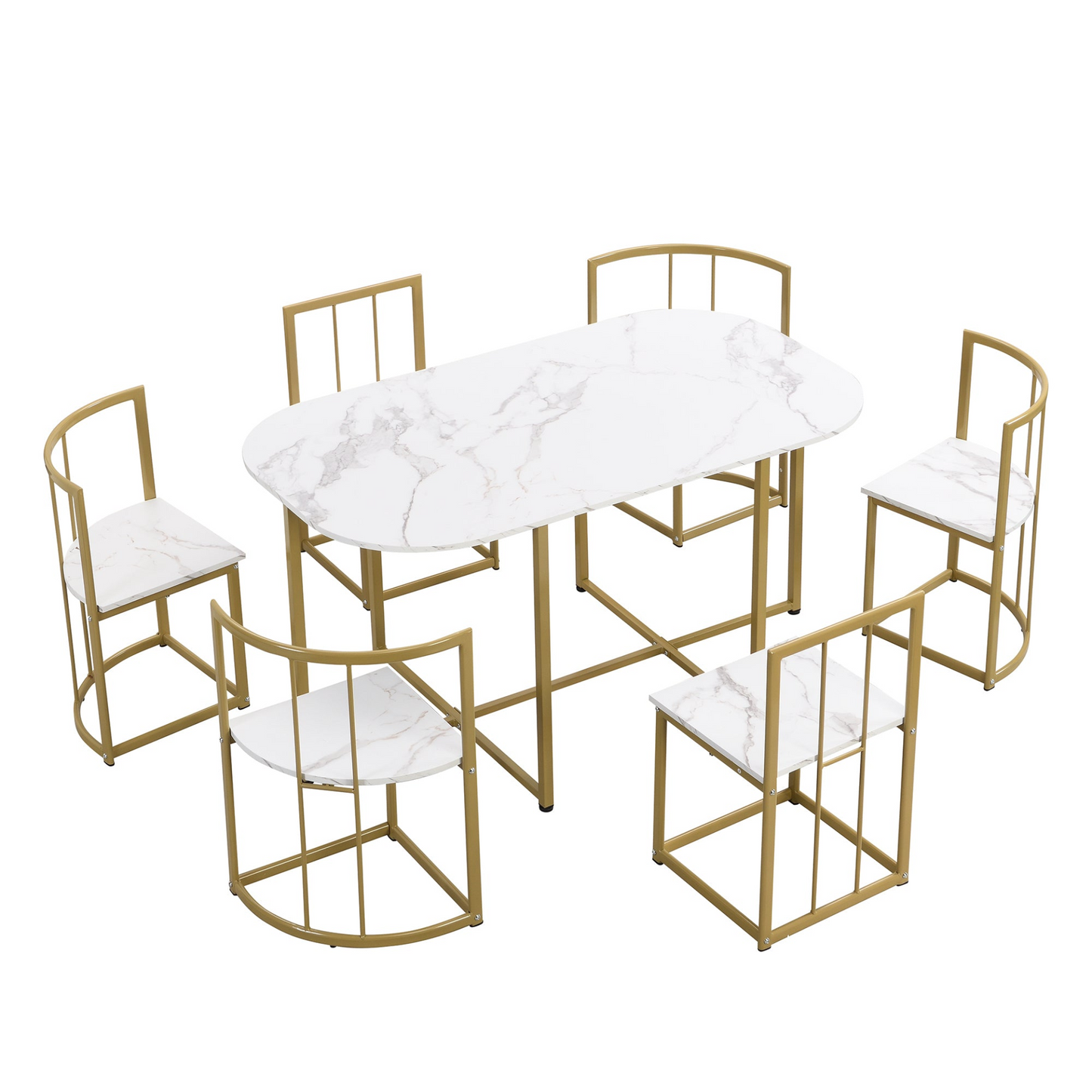 Dining Table | Modern 7-Piece Dining Table Set with Faux Marble Compact 55-Inch Kitchen Table Set for 6, Golden+White | casafoyer.myshopify.com