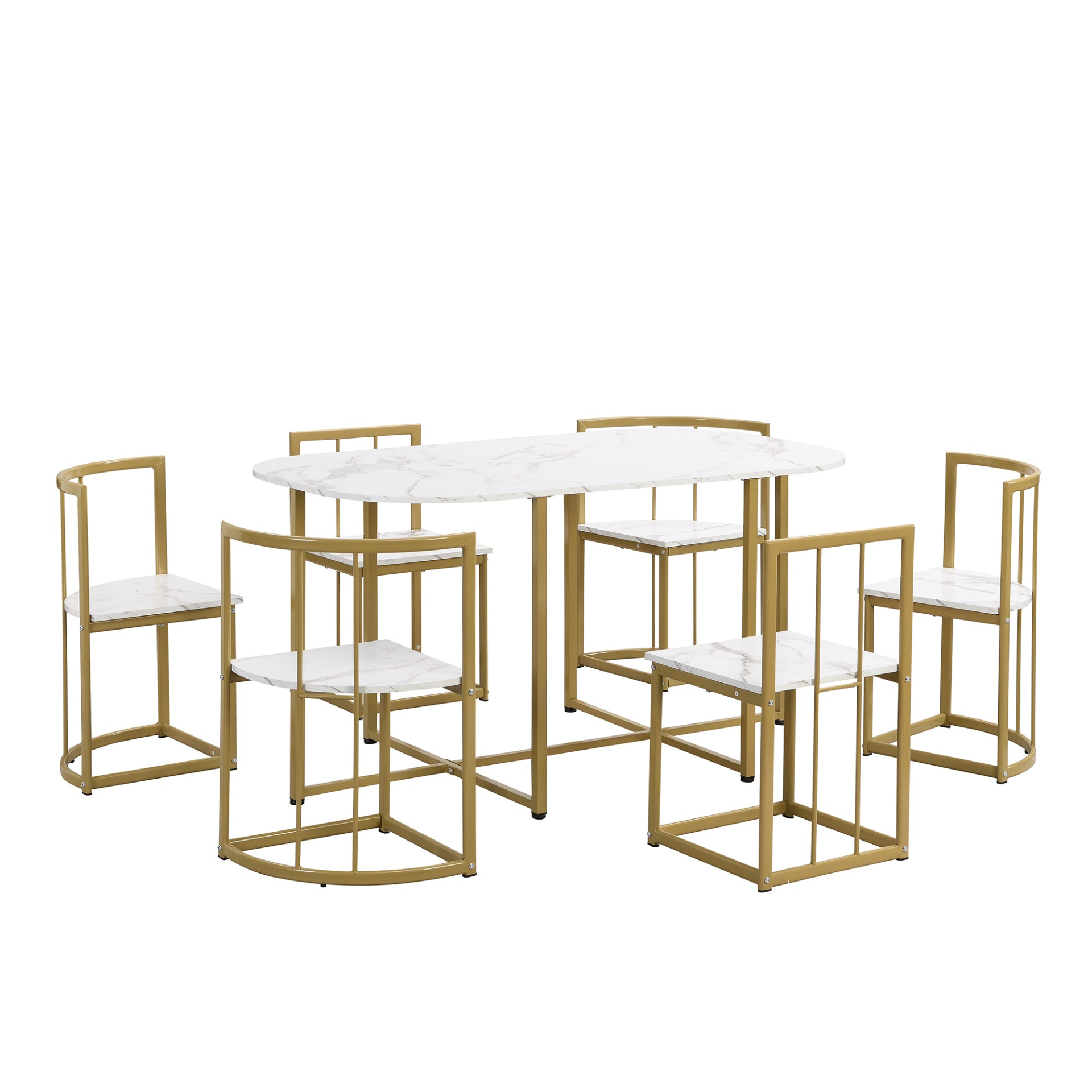 Dining Table | Modern 7-Piece Dining Table Set with Faux Marble Compact 55-Inch Kitchen Table Set for 6, Golden+White | casafoyer.myshopify.com