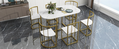 Dining Table | Modern 7-Piece Dining Table Set with Faux Marble Compact 55-Inch Kitchen Table Set for 6, Golden+White | casafoyer.myshopify.com
