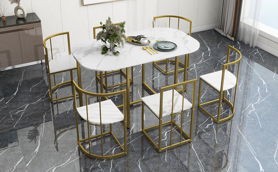 Dining Table | Modern 7-Piece Dining Table Set with Faux Marble Compact 55-Inch Kitchen Table Set for 6, Golden+White | casafoyer.myshopify.com