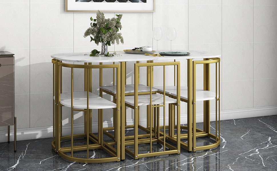 Dining Table | Modern 7-Piece Dining Table Set with Faux Marble Compact 55-Inch Kitchen Table Set for 6, Golden+White | casafoyer.myshopify.com