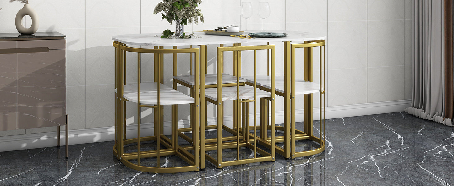 Dining Table | Modern 7-Piece Dining Table Set with Faux Marble Compact 55-Inch Kitchen Table Set for 6, Golden+White | casafoyer.myshopify.com