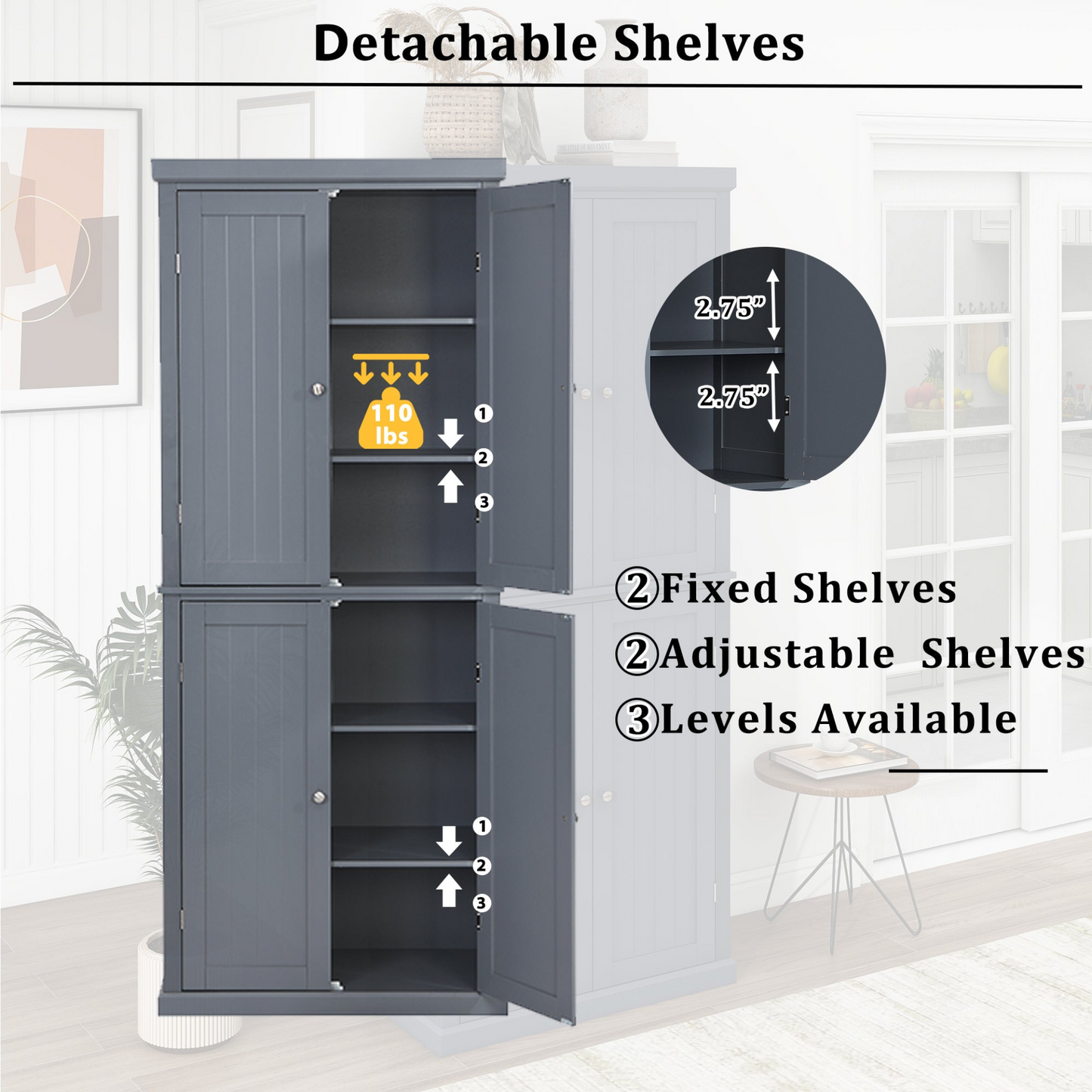 Sofa & Chair sets | Freestanding Tall Kitchen Pantry, 72.4inch Minimalist Kitchen Storage Cabinet Organizer with 4 Doors and Adjustable Shelves,Gray | casafoyer.myshopify.com