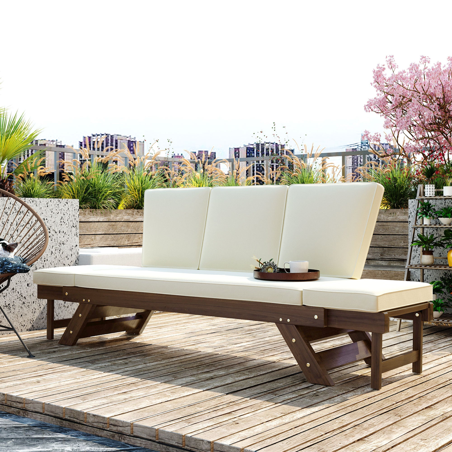 Patio Furntiure Sets | Outdoor Adjustable Patio Wooden Daybed Sofa Chaise Lounge with Cushions for Small Places, Brown Finish+Beige Cushion | casafoyer.myshopify.com