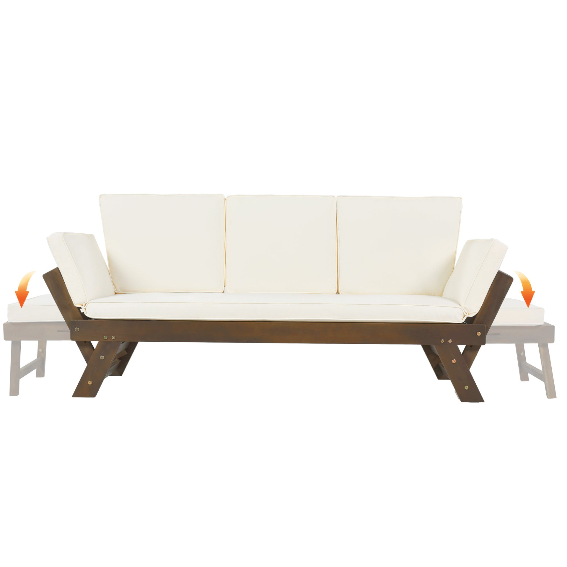 Patio Furntiure Sets | Outdoor Adjustable Patio Wooden Daybed Sofa Chaise Lounge with Cushions for Small Places, Brown Finish+Beige Cushion | casafoyer.myshopify.com