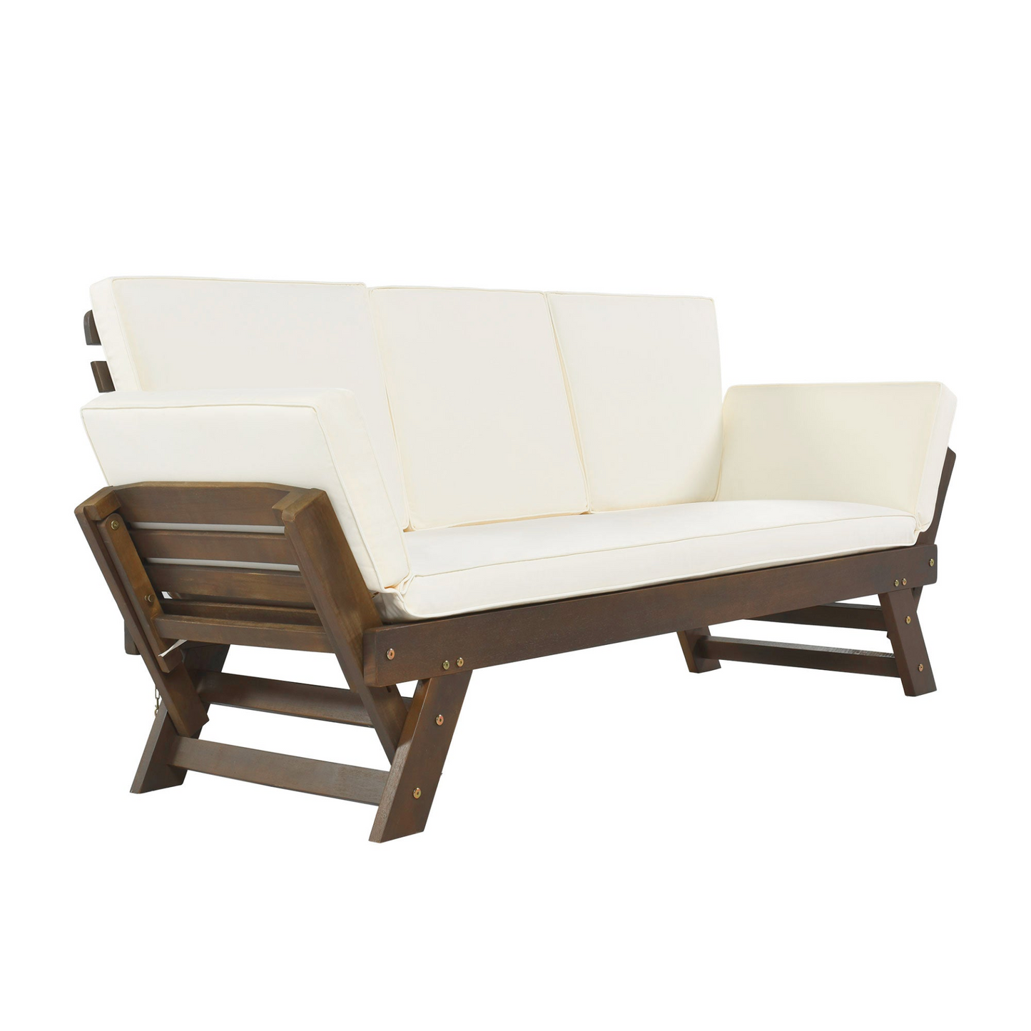 Patio Furntiure Sets | Outdoor Adjustable Patio Wooden Daybed Sofa Chaise Lounge with Cushions for Small Places, Brown Finish+Beige Cushion | casafoyer.myshopify.com