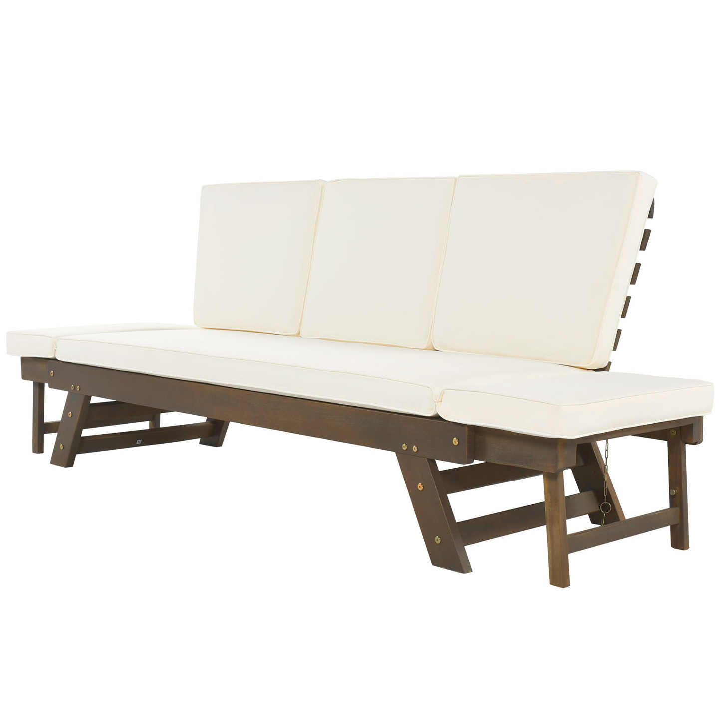 Patio Furntiure Sets | Outdoor Adjustable Patio Wooden Daybed Sofa Chaise Lounge with Cushions for Small Places, Brown Finish+Beige Cushion | casafoyer.myshopify.com