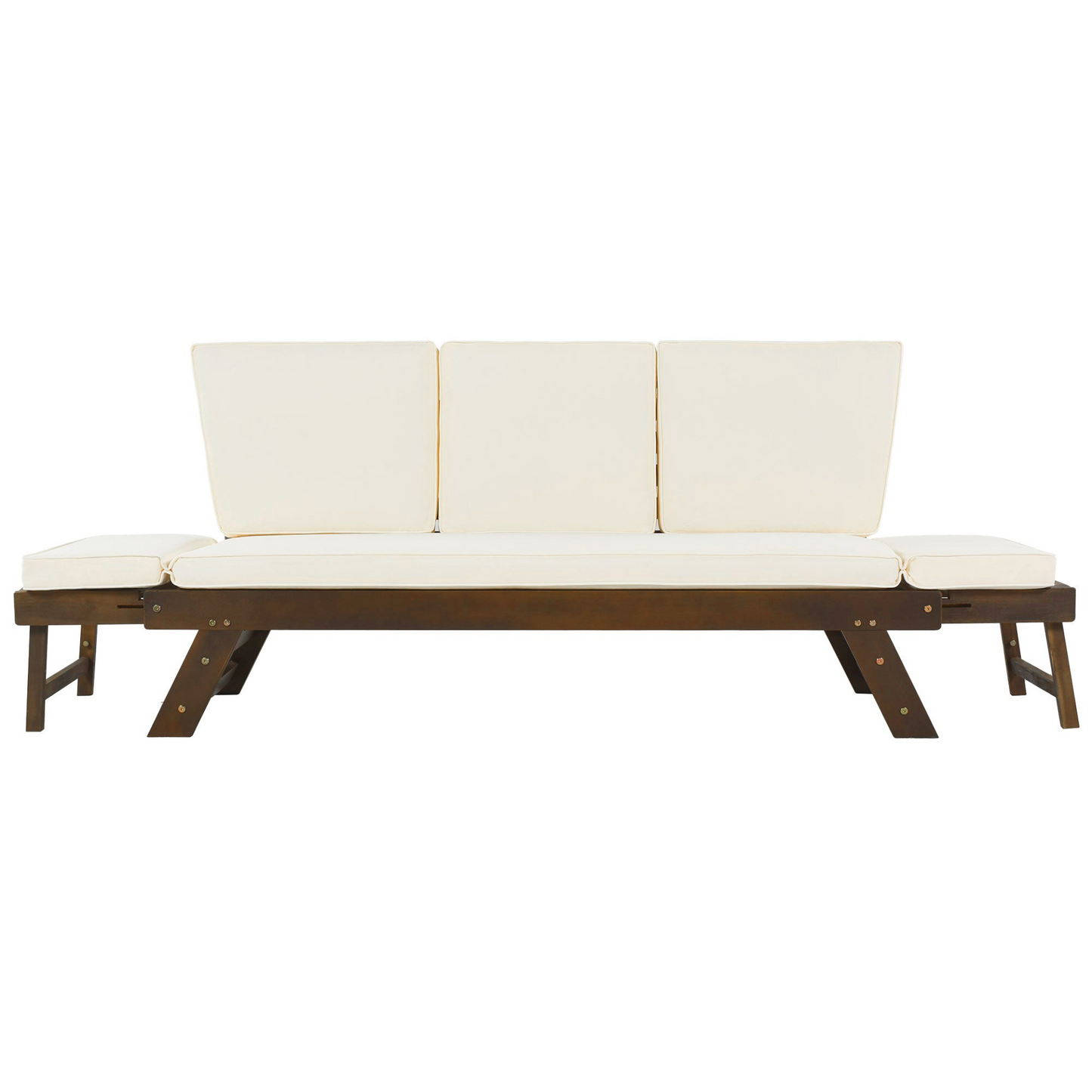 Patio Furntiure Sets | Outdoor Adjustable Patio Wooden Daybed Sofa Chaise Lounge with Cushions for Small Places, Brown Finish+Beige Cushion | casafoyer.myshopify.com