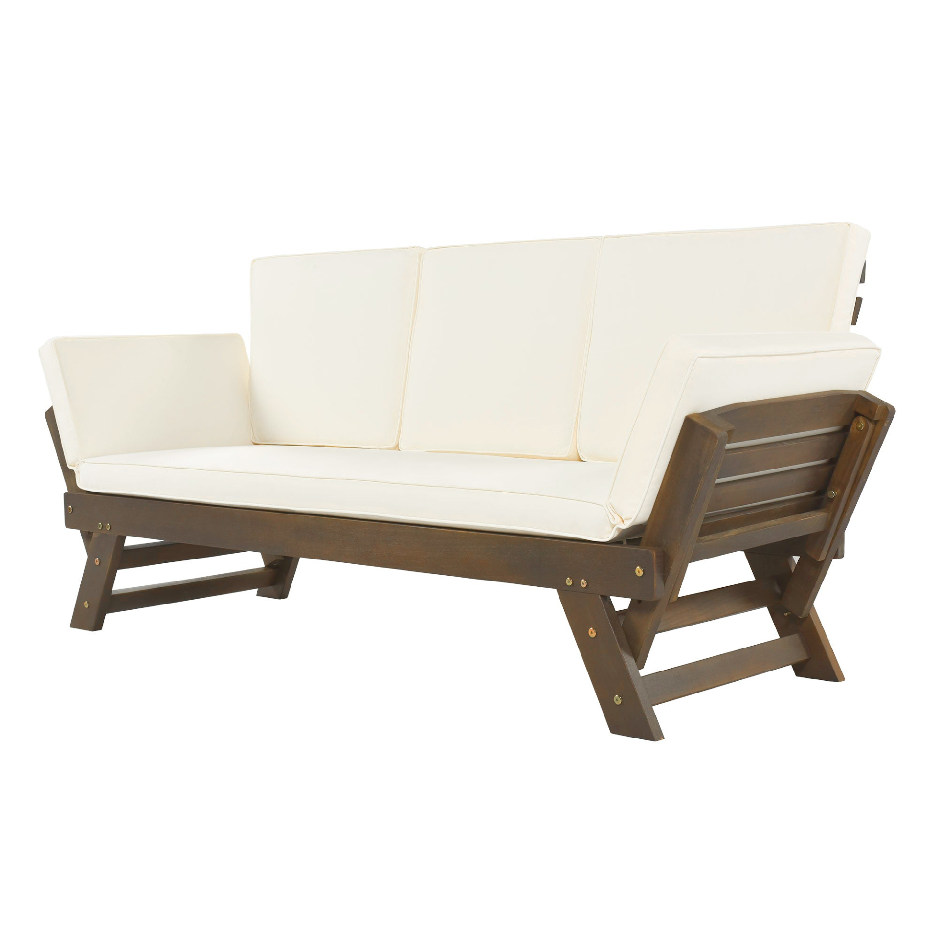 Patio Furntiure Sets | Outdoor Adjustable Patio Wooden Daybed Sofa Chaise Lounge with Cushions for Small Places, Brown Finish+Beige Cushion | casafoyer.myshopify.com